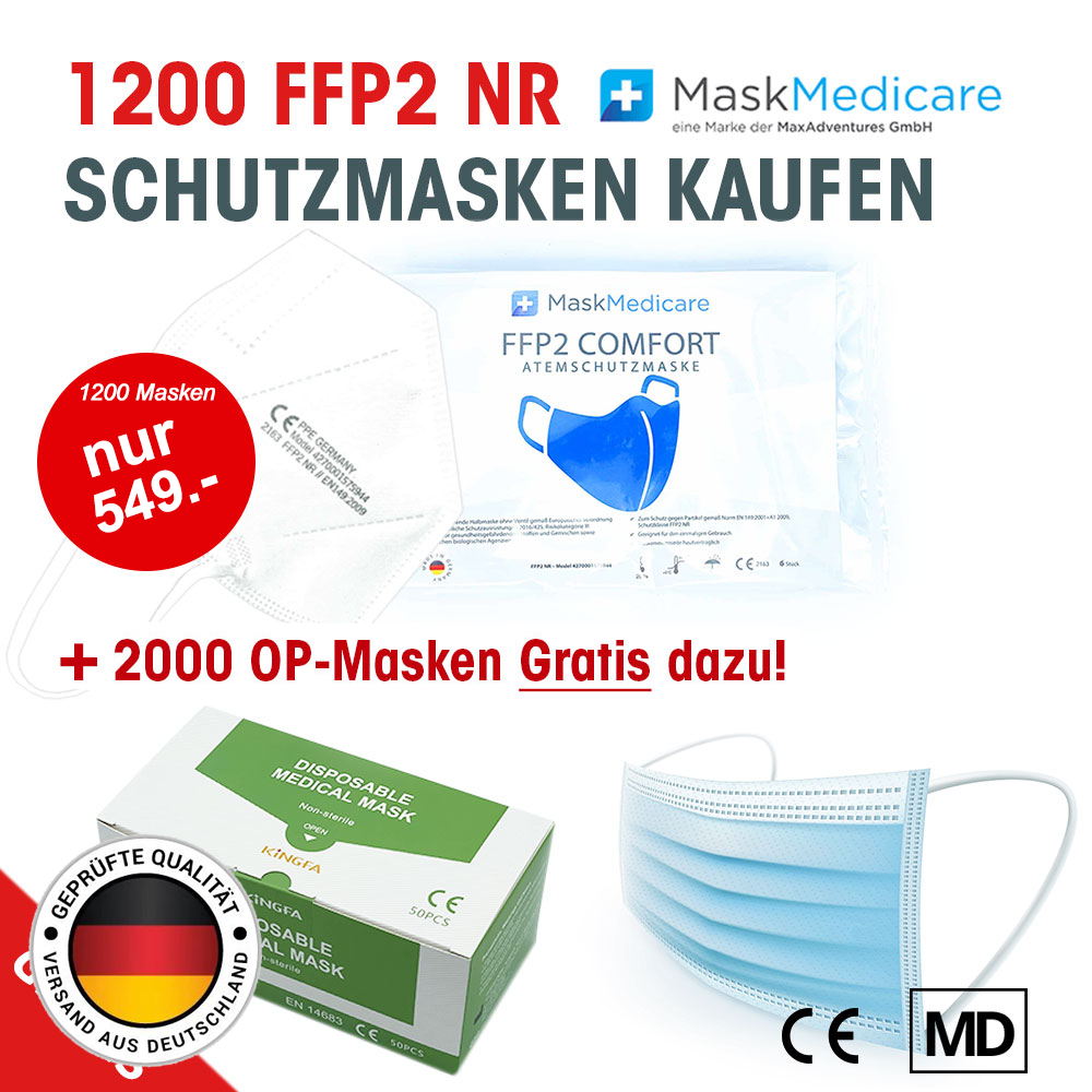 Aktion! 1200 FFP2 NR Schutzmasken kaufen & 2000 Op-Masken Gratis!