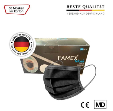 Chirurgische Schutzmaske von FAMEX – Typ 2R / IIR (3-lagiger Einmalmundschutz gemäß EN 14683, schwarz)